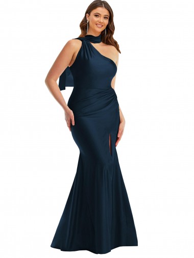 Halter Neck Long Silk like Satin Dark Navy Sleeveless Formal Plus Size Evening Gown / Prom Dress / Bridesmaid Dress Victoria