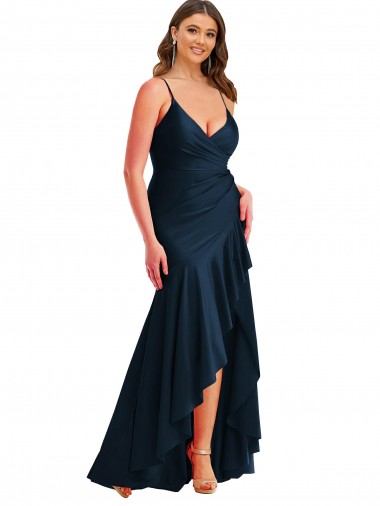 Spaghetti Straps Long Silk like Satin Dark Navy Sleeveless High Low Plus Size Evening Gown / Prom Dress / Bridesmaid Dress Victoria