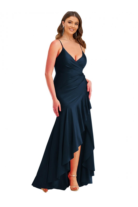 Spaghetti Straps Long Silk like Satin Dark Navy Sleeveless High Low Plus Size Evening Gown / Prom Dress / Bridesmaid Dress Victoria