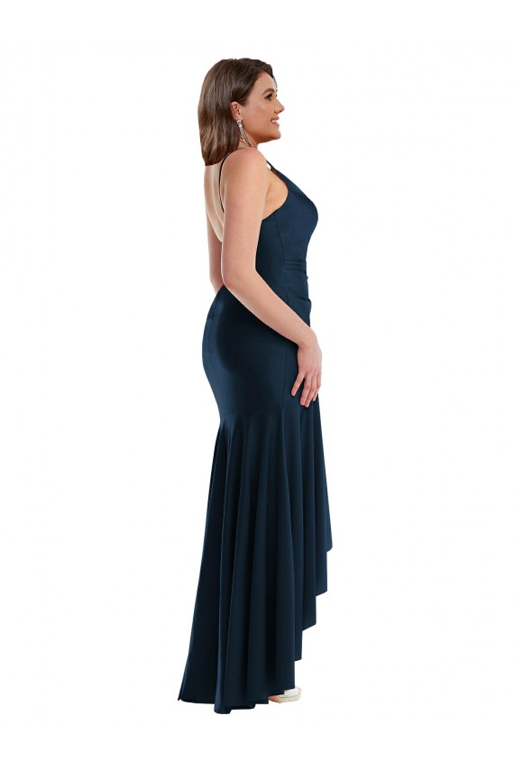 Spaghetti Straps Long Silk like Satin Dark Navy Sleeveless High Low Plus Size Evening Gown / Prom Dress / Bridesmaid Dress Victoria
