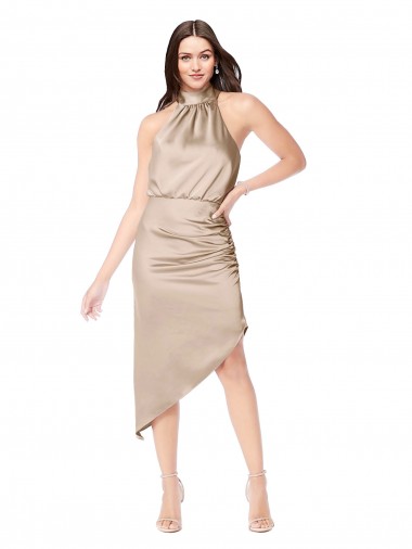 Halter Neck Midi Length Silk like Satin Champagne Pink Sleeveless High Low Prom Dress / Bridesmaid Dress Victoria