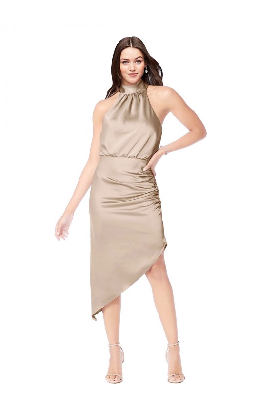 Halter Neck Midi Length Silk like Satin Champagne Pink Sleeveless High Low Prom Dress / Bridesmaid Dress Victoria