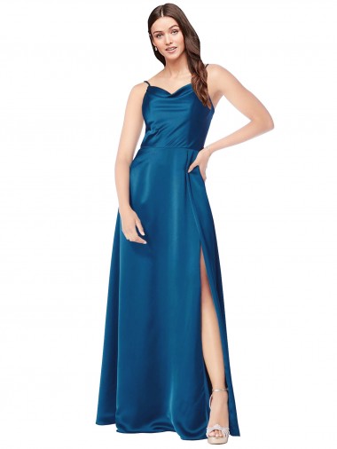 Cowl Neck Long Silk like Satin Peacock Blue Sleeveless Formal Evening Gown / Prom Dress / Bridesmaid Dress Victoria