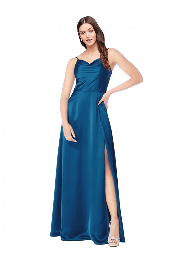 Cowl Neck Long Silk like Satin Peacock Blue Sleeveless Formal Evening Gown / Prom Dress / Bridesmaid Dress Victoria