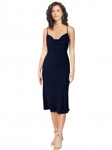 Cowl Neck Midi Length Silk like Satin Dark Navy Sleeveless Formal Evening Gown / Prom Dress / Bridesmaid Dress Victoria