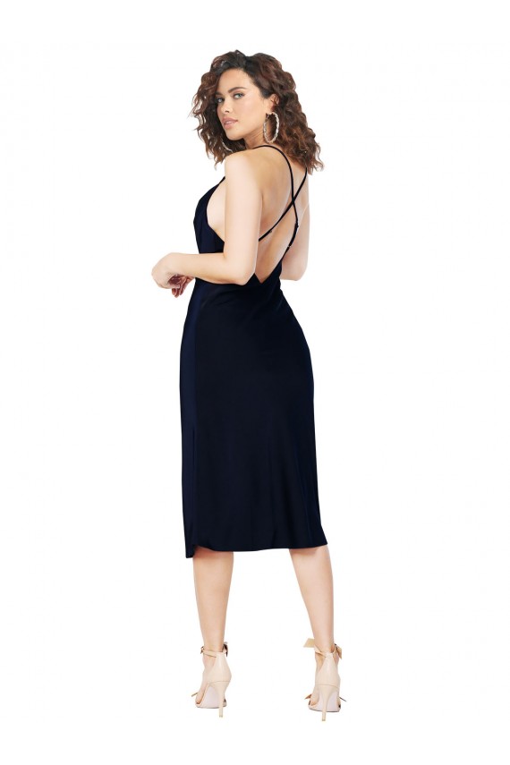 Cowl Neck Midi Length Silk like Satin Dark Navy Sleeveless Formal Evening Gown / Prom Dress / Bridesmaid Dress Victoria