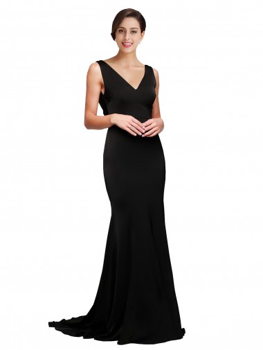 V-Neck Sweep Train Silk like Satin Black Sleeveless Formal Evening Gown / Prom Dress / Bridesmaid Dress Victoria