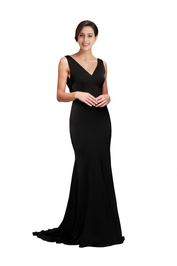 V-Neck Sweep Train Silk like Satin Black Sleeveless Formal Evening Gown / Prom Dress / Bridesmaid Dress Victoria