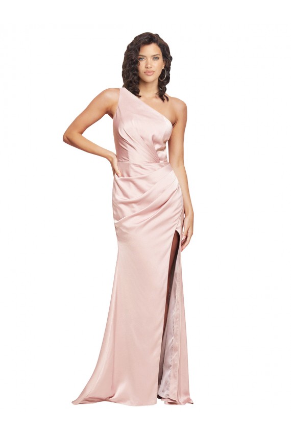 One Shoulder Long Silk like Satin Pink Sleeveless Formal Evening Gown / Prom Dress / Bridesmaid Dress Victoria