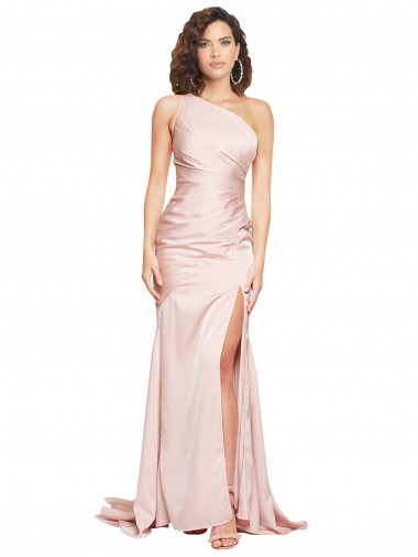 One Shoulder Long Silk like Satin Pink Sleeveless Black Tie Evening Dress / Prom Dress / Bridesmaid Dress Victoria