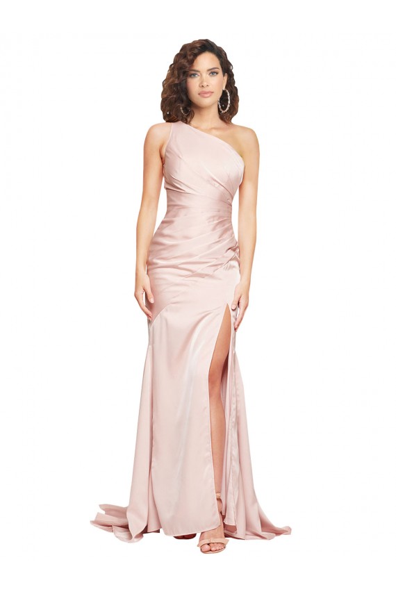 One Shoulder Long Silk like Satin Pink Sleeveless Black Tie Evening Dress / Prom Dress / Bridesmaid Dress Victoria