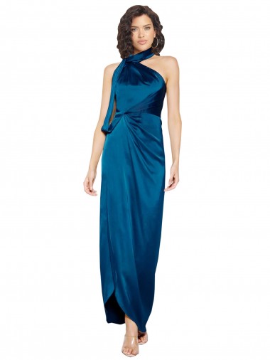 High Neck Long Silk like Satin Peacock Blue Sleeveless Formal Evening Gown / Prom Dress / Bridesmaid Dress Victoria