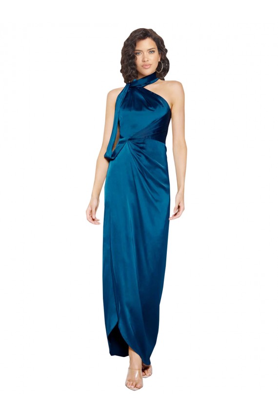 High Neck Long Silk like Satin Peacock Blue Sleeveless Formal Evening Gown / Prom Dress / Bridesmaid Dress Victoria