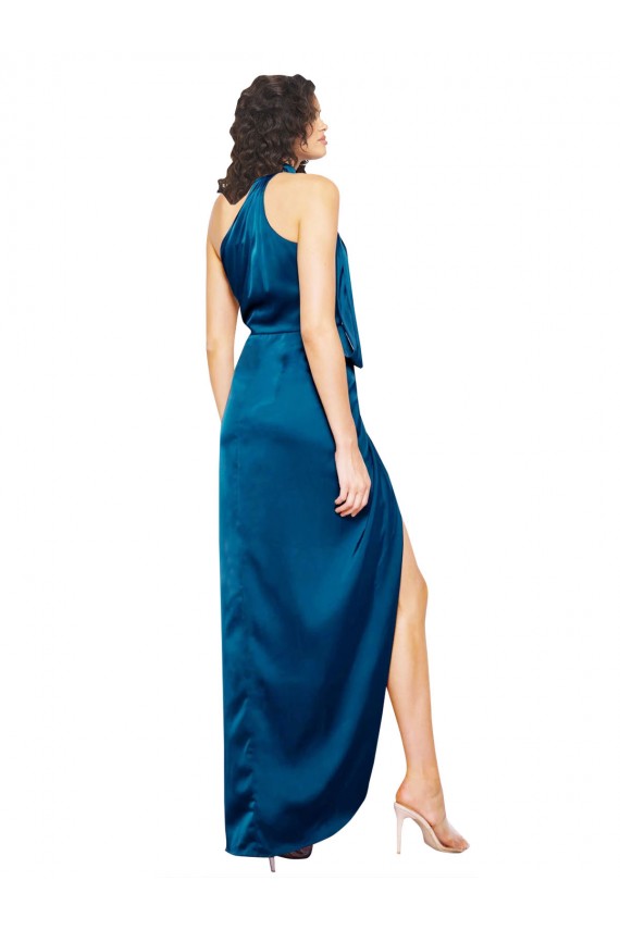 High Neck Long Silk like Satin Peacock Blue Sleeveless Formal Evening Gown / Prom Dress / Bridesmaid Dress Victoria