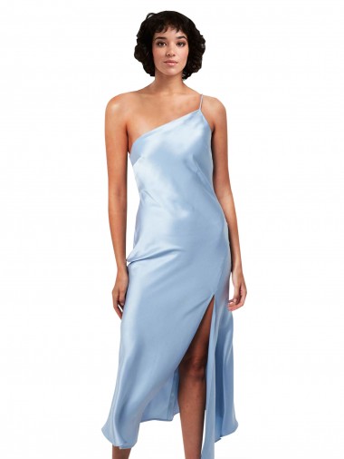One Shoulder Midi Length Silk like Satin Light Sky Blue Sleeveless Formal Evening Gown / Prom Dress / Bridesmaid Dress Victoria
