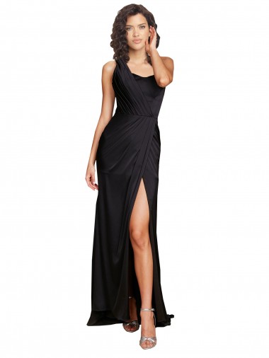One Shoulder Long Silk like Satin Black Sleeveless Evening Dress / Bridesmaid Dress Victoria