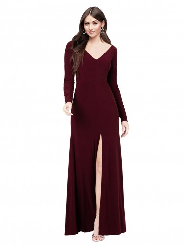 V-Neck Long Spandex Burgundy Gold Long Sleeves Prom Dress / Bridesmaid Dress Victoria