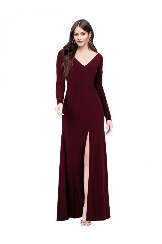 V-Neck Long Spandex Burgundy Gold Long Sleeves Prom Dress / Bridesmaid Dress Victoria