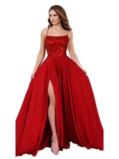 Square Neck Long Spandex & Lace Red Sleeveless Semi Formal Evening Dress / Prom Dress / Bridesmaid Dress Victoria