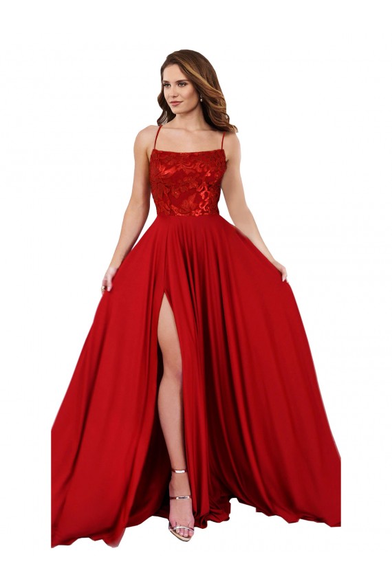Square Neck Long Spandex & Lace Red Sleeveless Semi Formal Evening Dress / Prom Dress / Bridesmaid Dress Victoria