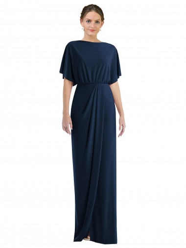 Bateau Neck Long Spandex Dark Navy Short Sleeves Semi Formal Evening Dress / Prom Dress / Bridesmaid Dress Victoria