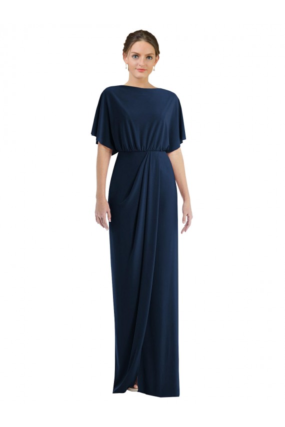 Bateau Neck Long Spandex Dark Navy Short Sleeves Semi Formal Evening Dress / Prom Dress / Bridesmaid Dress Victoria