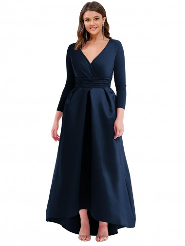 V-Neck Long Spandex Dark Navy Long Sleeves High Low Plus Size Evening Gown / Prom Dress / Bridesmaid Dress Victoria