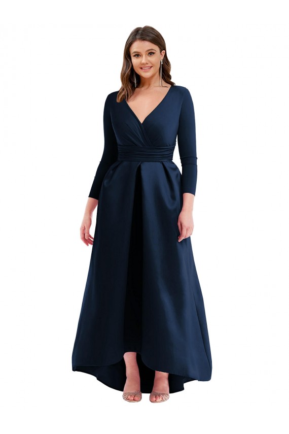 V-Neck Long Spandex Dark Navy Long Sleeves High Low Plus Size Evening Gown / Prom Dress / Bridesmaid Dress Victoria