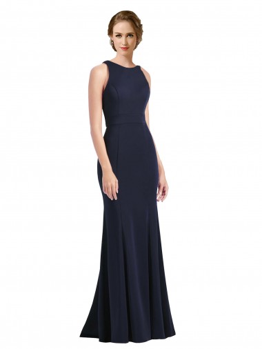 High Neck Long Stretch Crepe Dark Navy Sleeveless Black Tie Prom Dress / Bridesmaid Dress Victoria