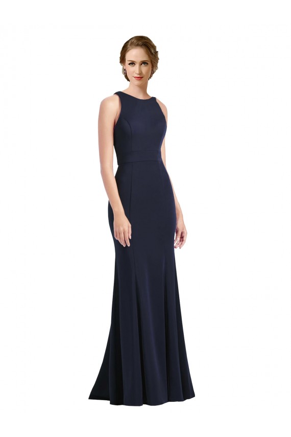 High Neck Long Stretch Crepe Dark Navy Sleeveless Black Tie Prom Dress / Bridesmaid Dress Victoria