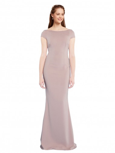 Boat Neck Long Stretch Crepe Dusty Pink Cap Sleeves Formal Evening Gown / Prom Dress / Bridesmaid Dress Victoria