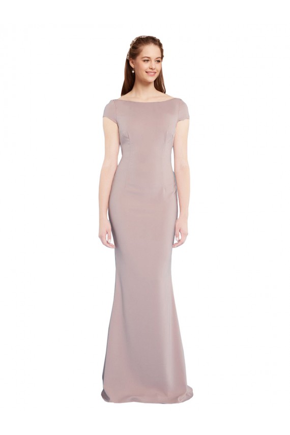 Boat Neck Long Stretch Crepe Dusty Pink Cap Sleeves Formal Evening Gown / Prom Dress / Bridesmaid Dress Victoria