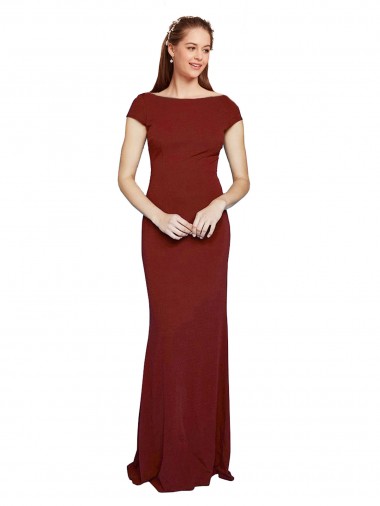 Round Neck Long Stretch Crepe Burgundy Cap Sleeves Formal Evening Gown / Prom Dress / Bridesmaid Dress Victoria
