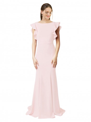 Jewel Neck Sweep Train Stretch Crepe Pink Ruffle Sleeves Black Tie Prom Dress / Bridesmaid Dress Victoria