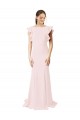 Jewel Neck Sweep Train Stretch Crepe Pink Ruffle Sleeves Black Tie Prom Dress / Bridesmaid Dress Victoria