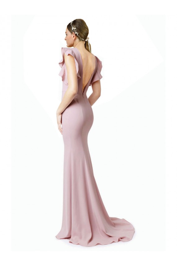 Jewel Neck Sweep Train Stretch Crepe Pink Ruffle Sleeves Black Tie Prom Dress / Bridesmaid Dress Victoria