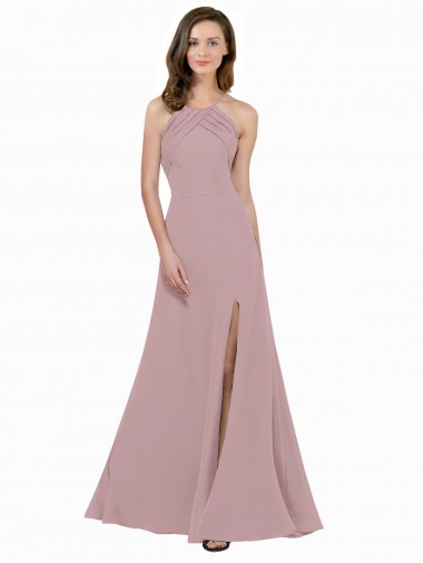 High Neck Long Stretch Crepe Dusty Pink A-Line Sleeveless Prom Dress / Bridesmaid Dress Victoria
