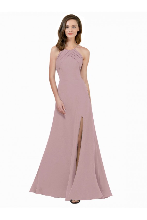 High Neck Long Stretch Crepe Dusty Pink A-Line Sleeveless Prom Dress / Bridesmaid Dress Victoria