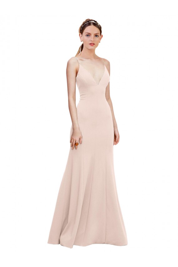 V-Neck Long Stretch Crepe Pink Sleeveless Formal Dress / Bridesmaid Dress Victoria