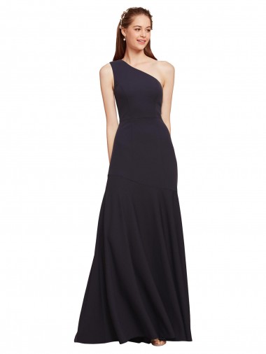 One Shoulder Long Stretch Crepe Dark Navy A-Line Sleeveless Formal Evening Gown / Prom Dress / Bridesmaid Dress Victoria