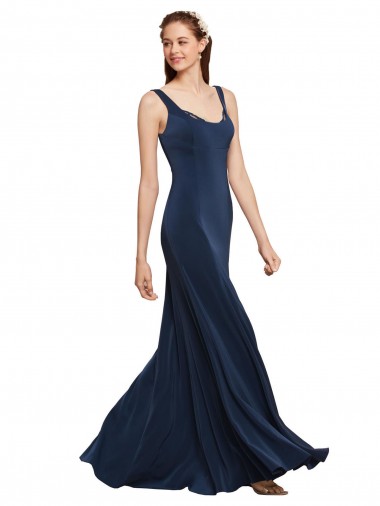 Round Neck Long Stretch Crepe Dark Navy Sleeveless Prom Dress / Bridesmaid Dress Victoria