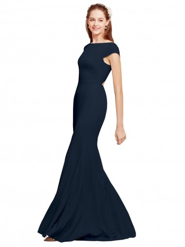 Boat Neck Long Stretch Crepe Dark Navy Sleeveless Formal Evening Gown / Prom Dress / Bridesmaid Dress Victoria