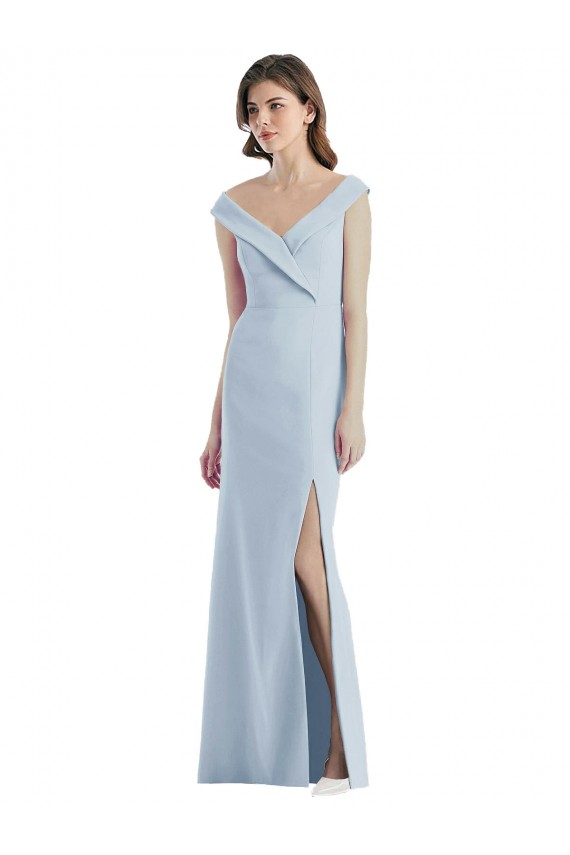 V-Neck Long Stretch Crepe Light Sky Blue Sleeveless Black Tie Evening Gown / Bridesmaid Dress Victoria