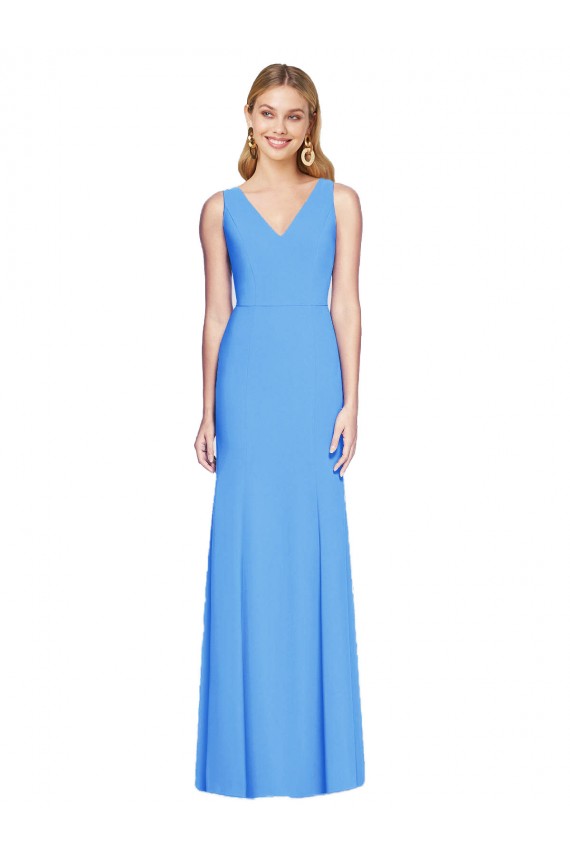 V-Neck Long Stretch Crepe Peacock Blue Sleeveless Semi Formal Evening Dress / Prom Dress / Bridesmaid Dress Victoria