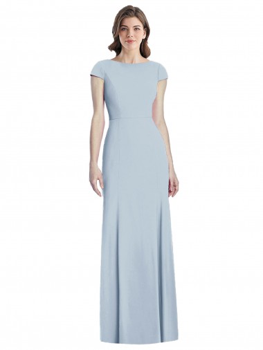 Bateau Neck Long Stretch Crepe Light Sky Blue Cap Sleeves Formal Dress / Bridesmaid Dress Victoria
