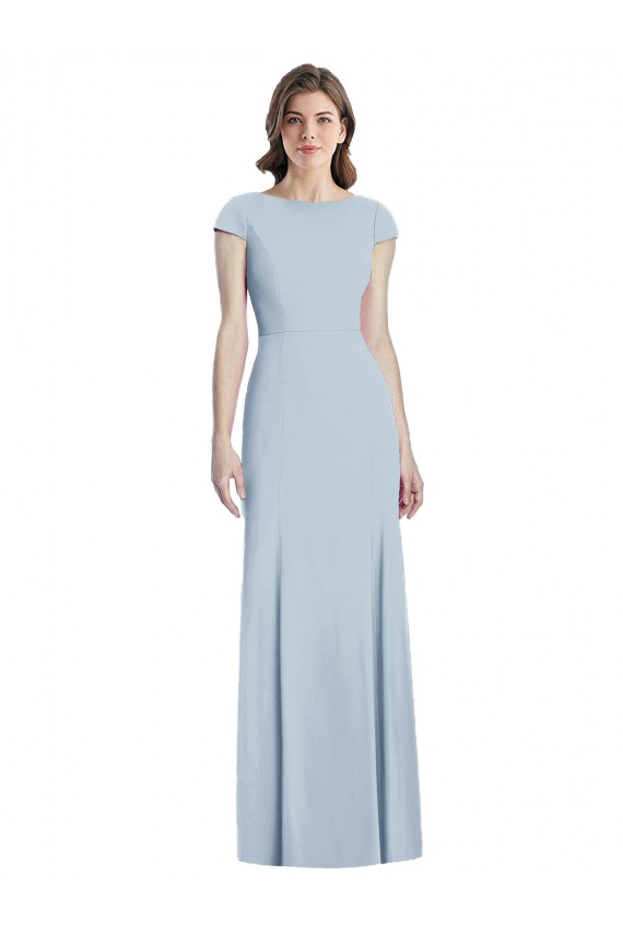Bateau Neck Long Stretch Crepe Light Sky Blue Cap Sleeves Formal Dress / Bridesmaid Dress Victoria