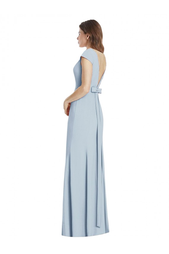 Bateau Neck Long Stretch Crepe Light Sky Blue Cap Sleeves Formal Dress / Bridesmaid Dress Victoria