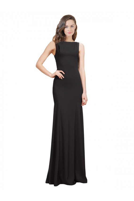 Bateau Neck Long Stretch Crepe Black Sleeveless Prom Dress / Bridesmaid Dress Victoria