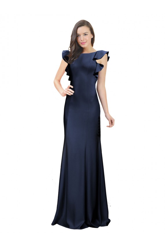 Bateau Neck Long Stretch Crepe Dark Navy Sleeveless Prom Dress / Bridesmaid Dress Victoria