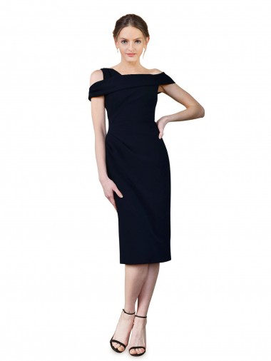 Off the Shoulder Cocktail Length Stretch Crepe Dark Navy Sleeveless Formal Evening Gown / Prom Dress / Bridesmaid Dress Victoria